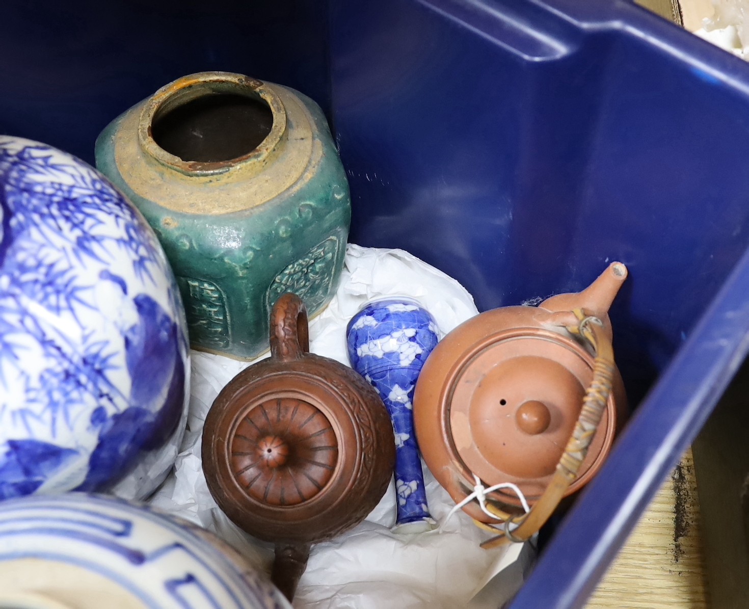 A group of mixed Japanese ceramic vases and a jar